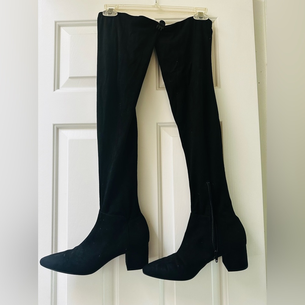 Over-the-Knee Black Suede Boots Low-Heel Size 10
